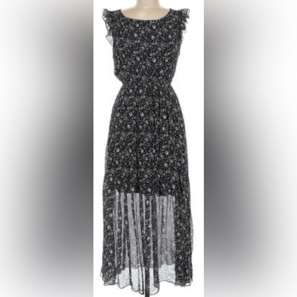 Le Ragazze Made in Italy Silk Blend Black White Floral Maxi Dress Ruffle coastal